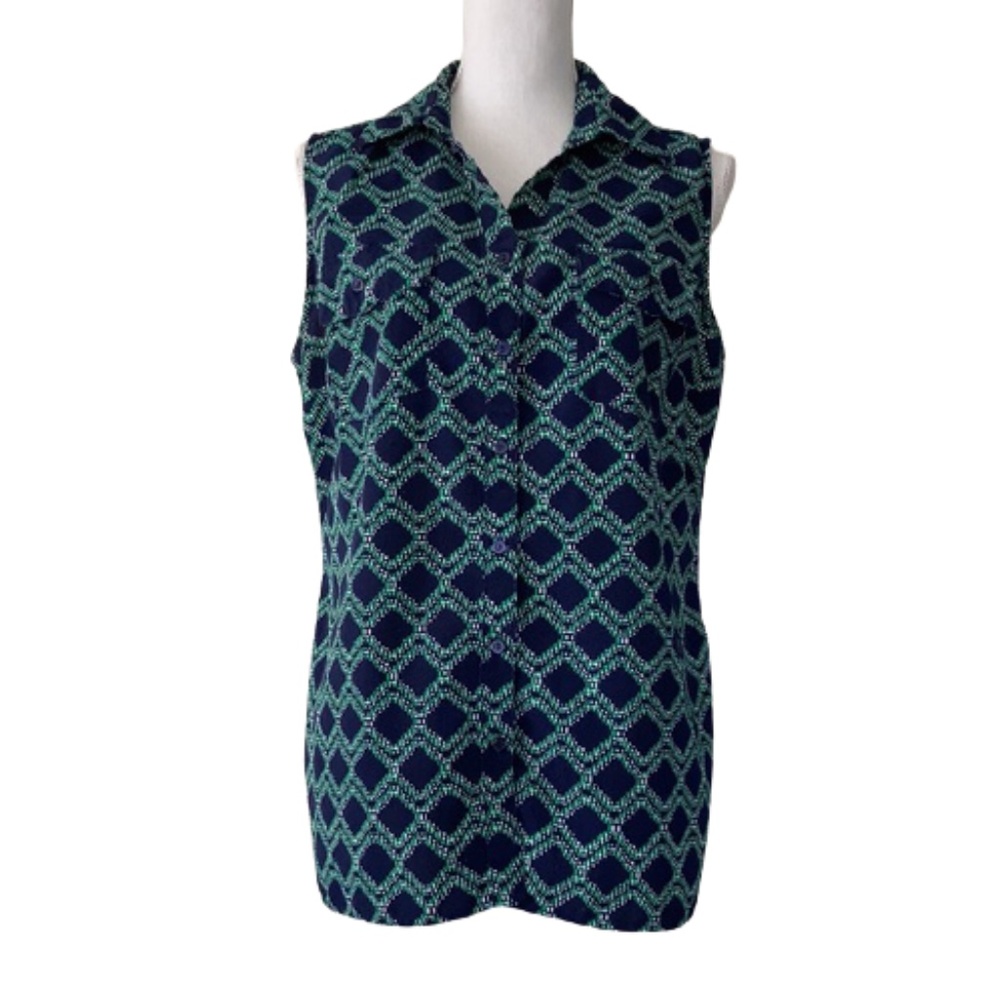 NOTATIONS SLEEVELESS BUTTON DOWN WOMEN LARGE BLUE GREEN